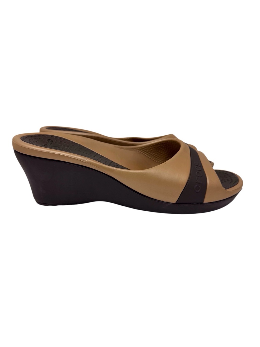 Crocs Sassari two-tone brown/tan color wedge slip on sandals women's size 10 EUC